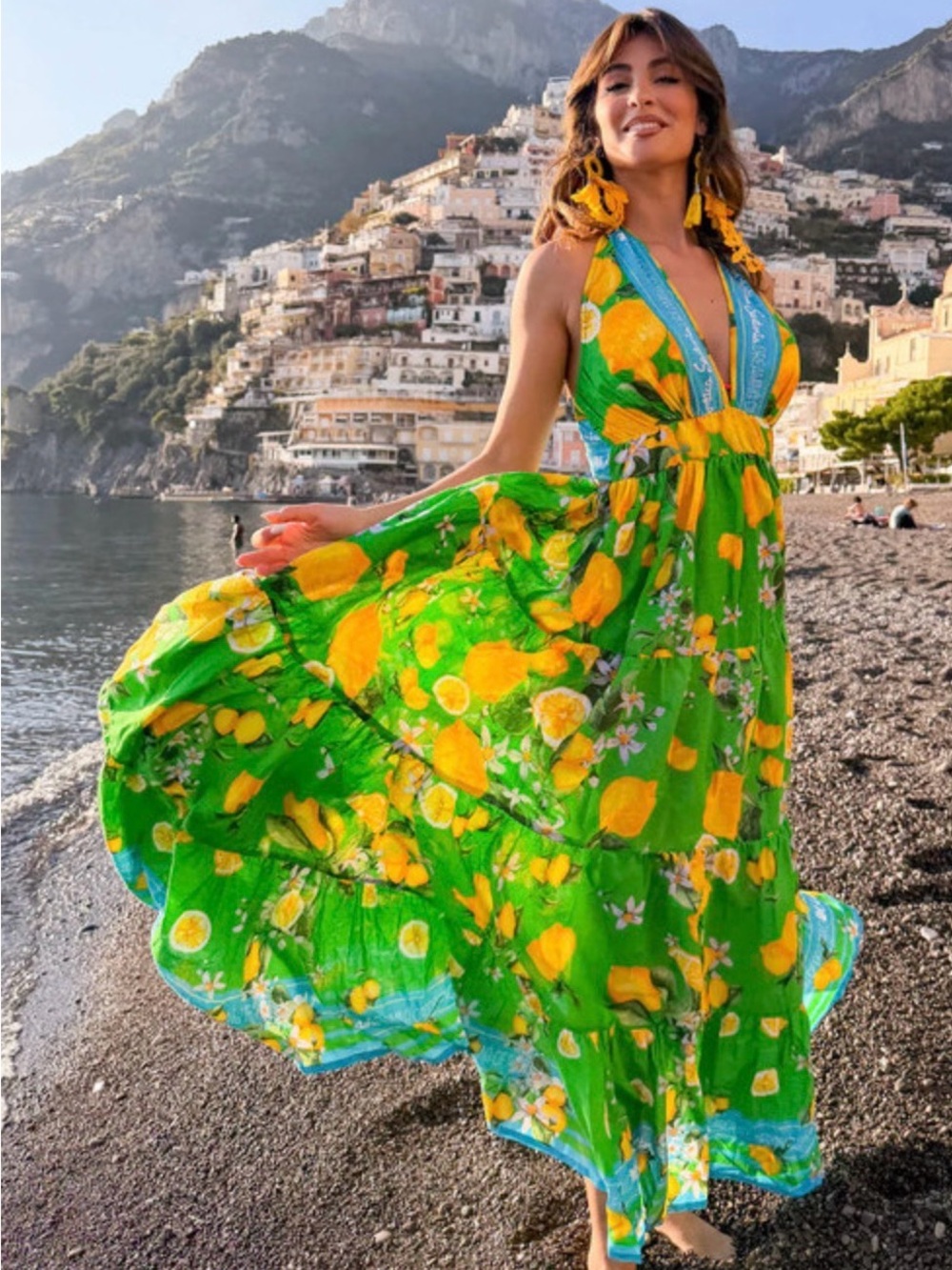 SOLD Halter Lemon-Print Maxi Dress in Green and Yellow